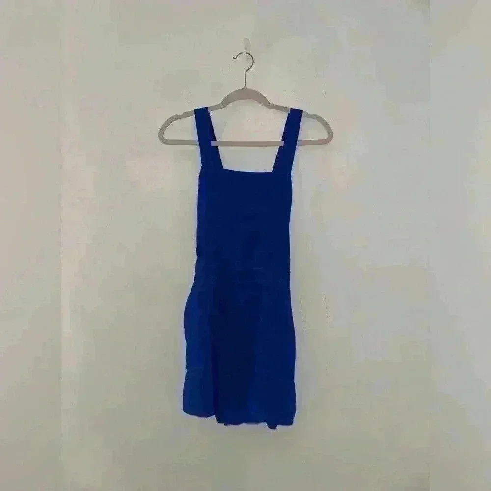 Zara Cross Back, Linen Romper in Royal Blue with Pockets, Size Small